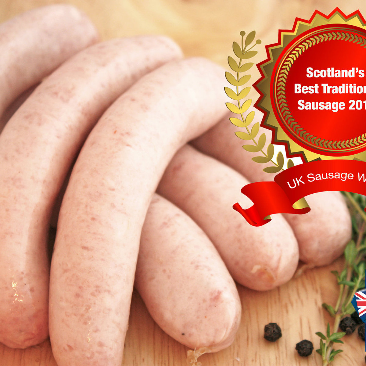 Coils of Crombies traditional pork sausage, carrying Scotland's Best Traditional Sausage and UK Sausage Week award seals