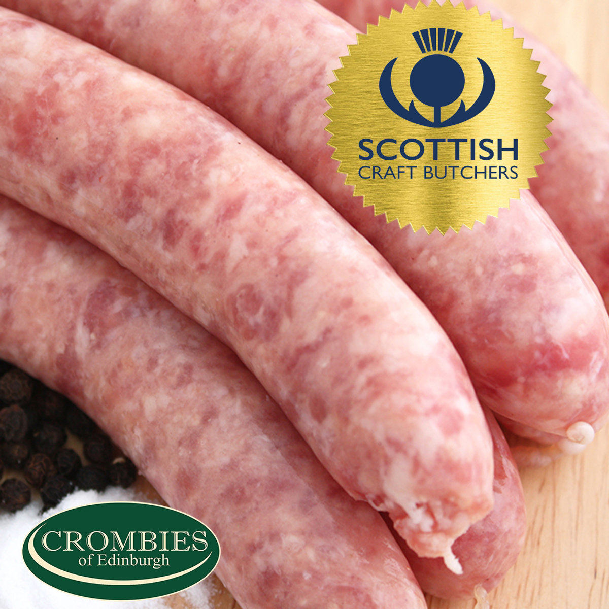 Fresh Crombies sausages carrying the Scottish Craft Butchers seal