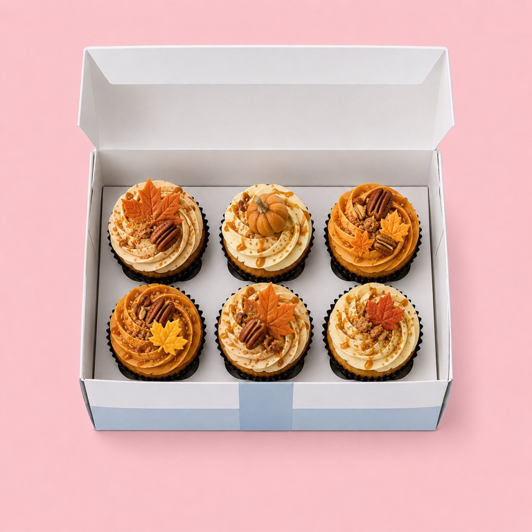 Box of six Mimi's autumn cupcakes with maple leaves and pecans