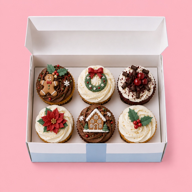 Box of six Mimi's Christmas cupcakes with gingerbread and holly toppers