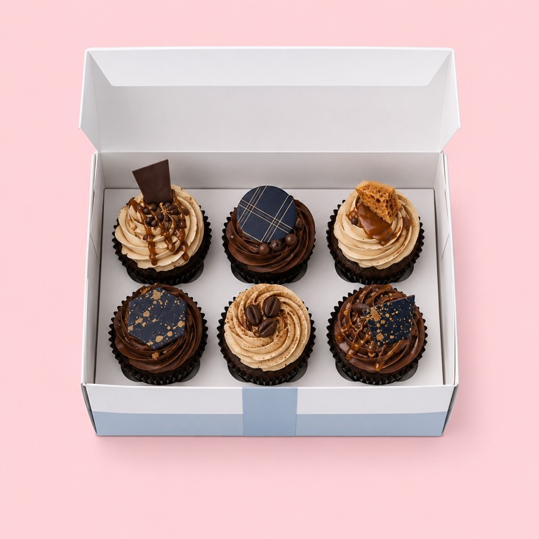 Box of six Mimi's chocolate cupcakes