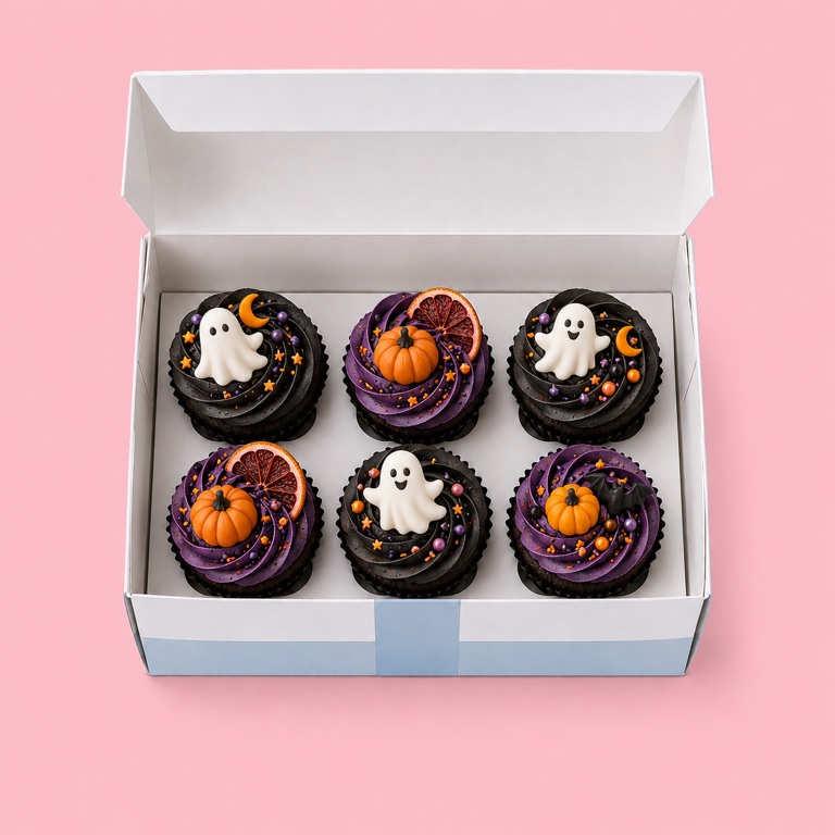 Box of six Halloween cupcakes with ghost and pumpkin toppers