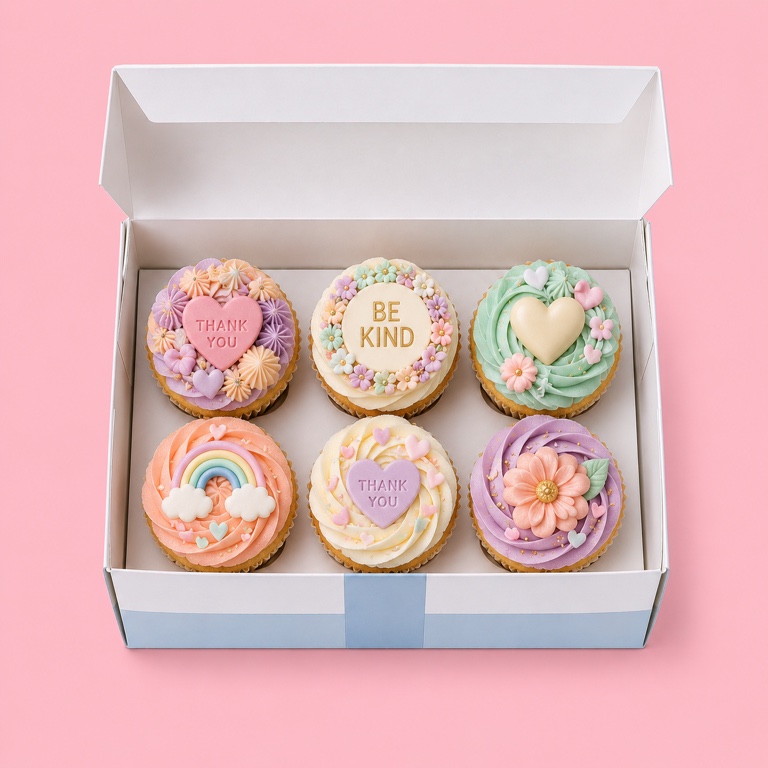 Box of six pastel kindness cupcakes with a BE KIND topper