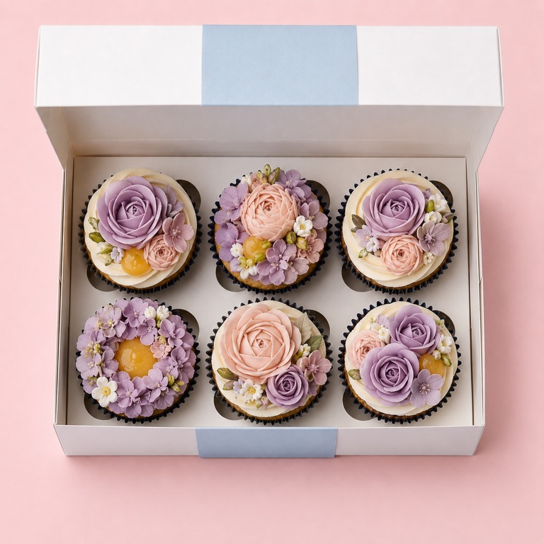 Box of six Mimi's Mother's Day cupcakes with piped buttercream roses