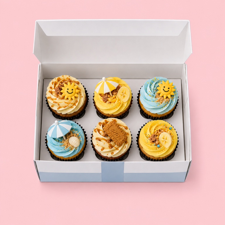 Box of six Mimi's summer holiday cupcakes with sunshine and beach-umbrella toppers